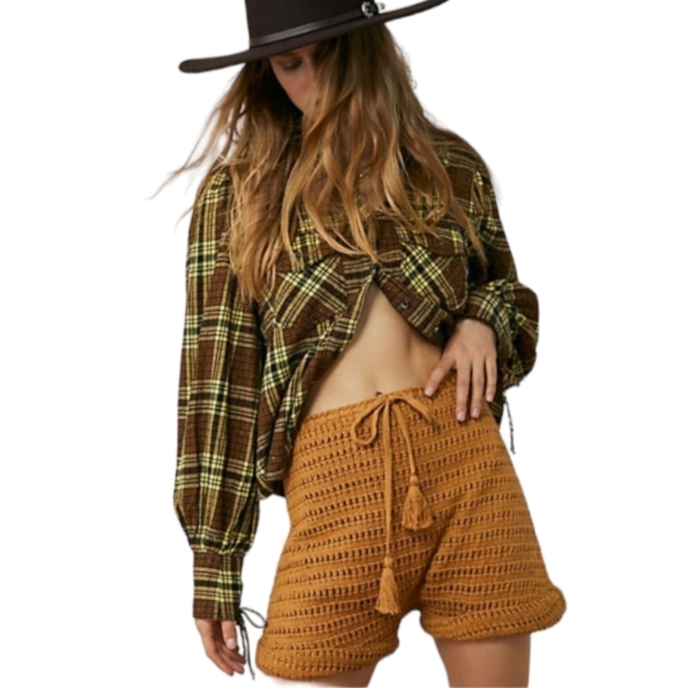 We The Free Flannel Shacket, Long Sleeve, Brown & Yellow Plaid, Sz Small.